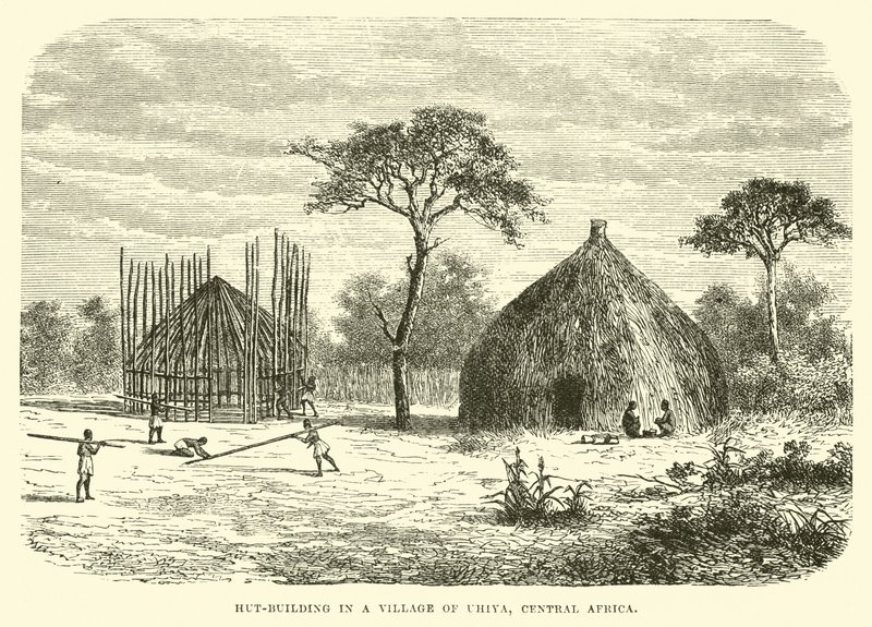 Huttenbouw in een dorp van Uhiya, Centraal-Afrika door English School