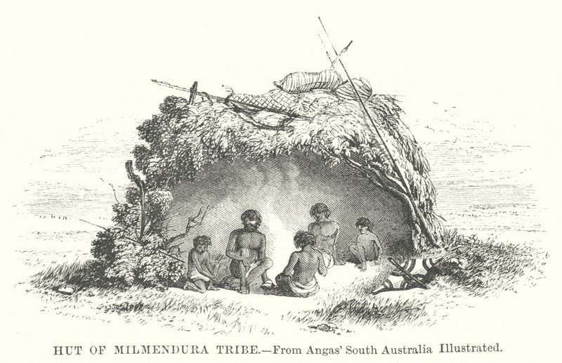 Hut van de Milmendura-stam (gravure) door English School