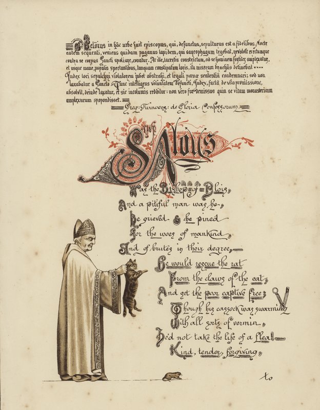 Geïllustreerd gedicht over een heilige en een bisschop die een rat uit de kaken van de kat bevrijden door English School