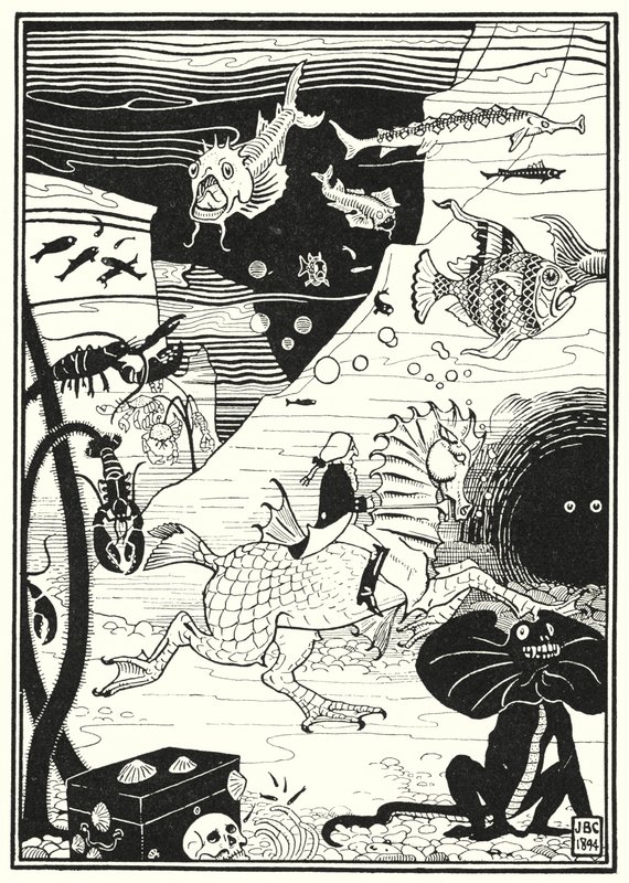 Illustratie voor de Avonturen van Baron Munchausen (gravure) door English School