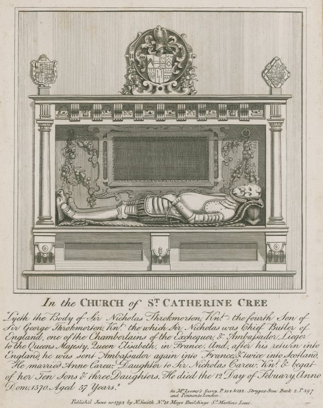 In de kerk van St Catherine Cree ligt het lichaam van Sir Nicholas Throkmorton door English School