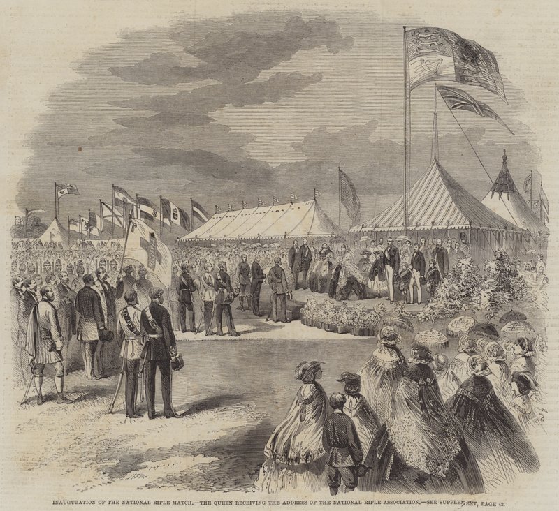 Inhuldiging van de nationale schietwedstrijd, de koningin ontvangt het adres van de National Rifle Association (gravure) door English School