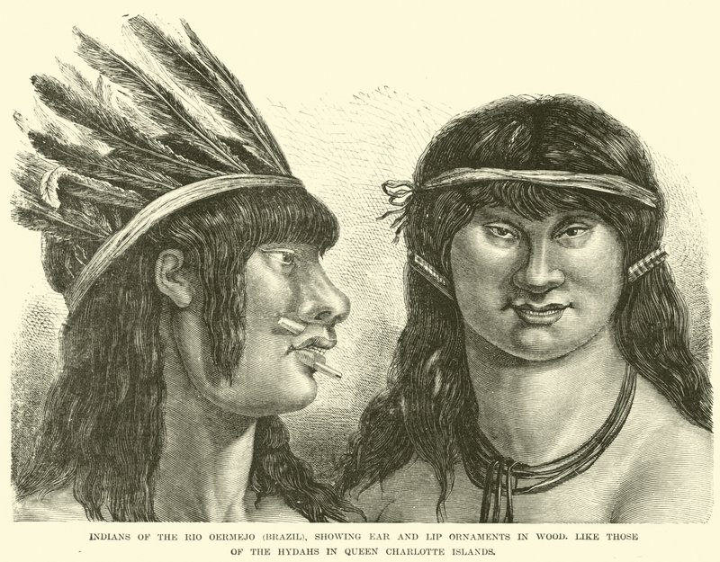 Indianen van de Rio Oermejo (Brazilië), met oor- en lipornamenten van hout, zoals die van de Hydahs op de Queen Charlotte-eilanden door English School