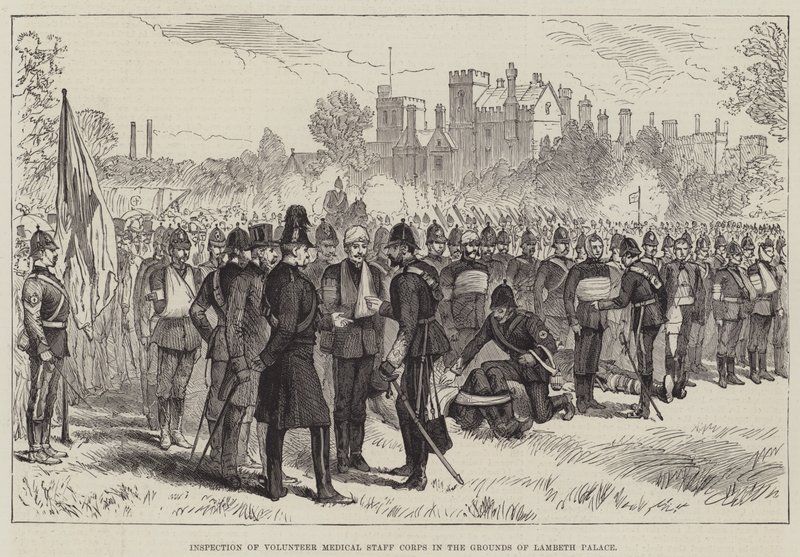 Inspectie van het Vrijwillige Medische Stafkorps in de Tuinen van Lambeth Palace door English School