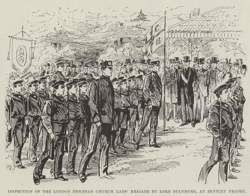 Inspectie van de Londense diocesane kerkbrigade door Lord Stanmore, bij Bentley Priory (gravure) door English School