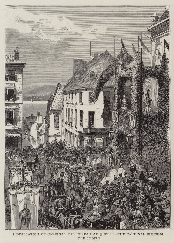 Installatie van kardinaal Taschereau in Quebec, de kardinaal zegent het volk (gravure) door English School