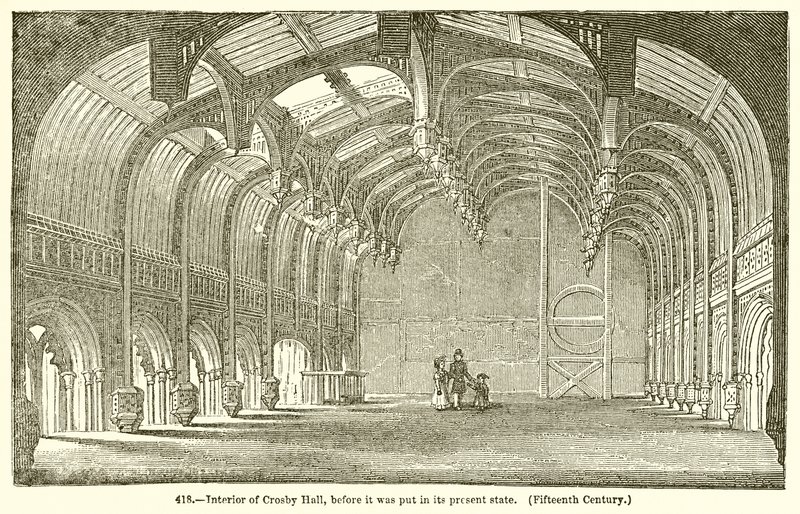 Interieur van Crosby Hall, voordat het in de huidige staat werd gebracht (vijftiende eeuw) door English School