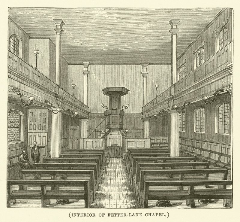 Interieur van de Fetter-Lane kapel (gravure) door English School