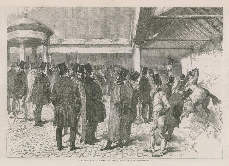 Interieur van veilinghuis Tattersalls (gravure) door English School