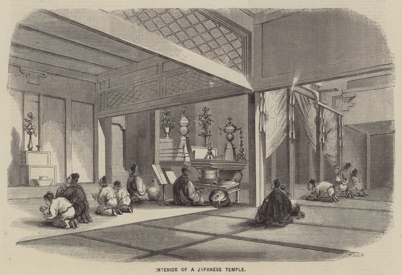 Interieur van een Japanse tempel (gravure) door English School