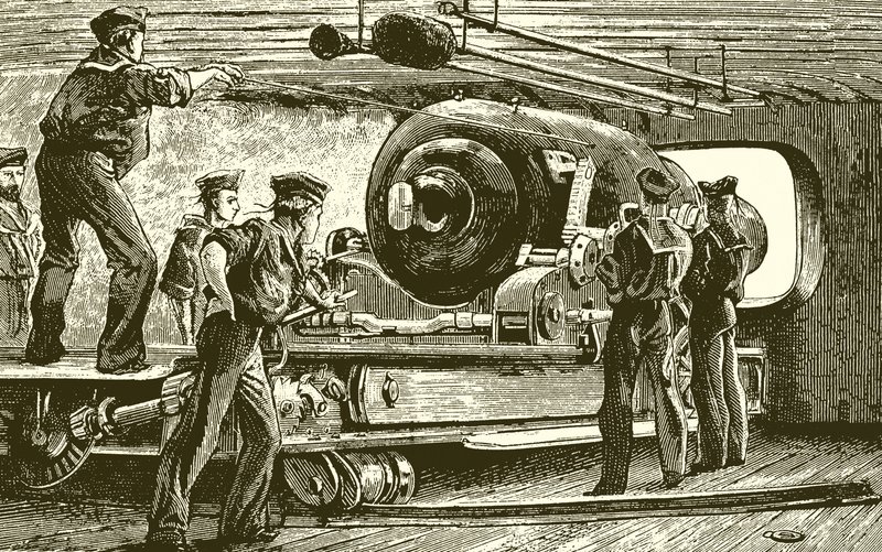 Interieur van een torentje van een ijzeren schip door English School