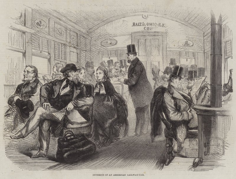 Interieur van een Amerikaanse spoorwegwagen door English School