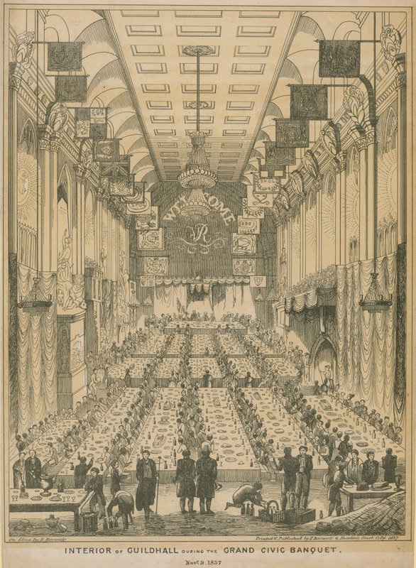 Interieur van de Guildhall tijdens het grote burgerbanket, 9 november 1837 door English School