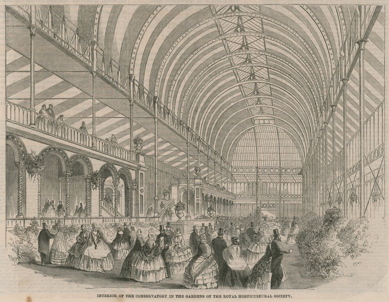 Interieur van de kas in de tuinen van de Royal Horticultural Society door English School