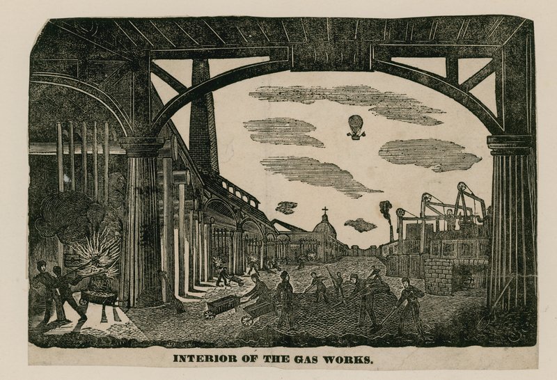 Interieur van de gasfabriek, Brick Lane, Spitalfields, Londen, circa 1820 door English School