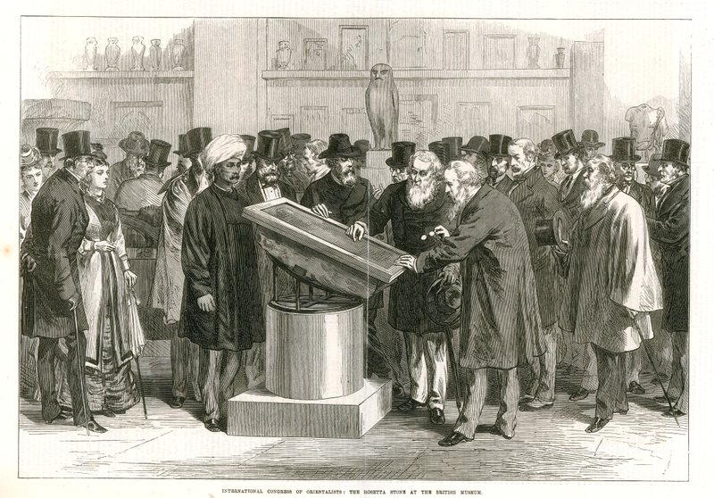 Internationaal Congres van Orientalisten die de Steen van Rosetta onderzoeken in het British Museum door English School