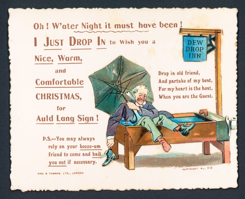Dronken man in paardenbak!, kerstkaart door English School