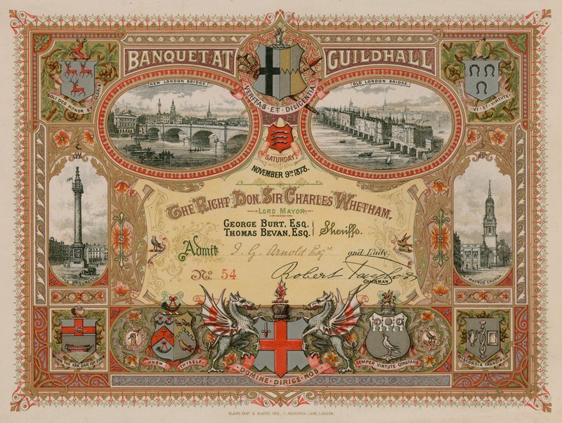 Uitnodiging voor een banket in de Guildhall, Londen, op 9 november 1878 door English School