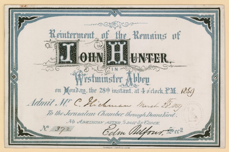 Uitnodiging voor de herbegrafenis van de overblijfselen van John Hunter in Westminster Abbey, Londen, 28 maart 1859 door English School