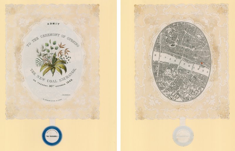 Uitnodiging voor de openingsceremonie van de Nieuwe Kolenbeurs, 30 oktober 1849, voor- en achterkant door English School
