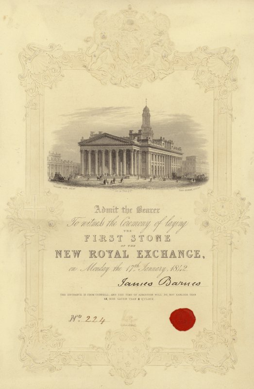 Uitnodiging voor het leggen van de eerste steen van de New Royal Exchange door English School