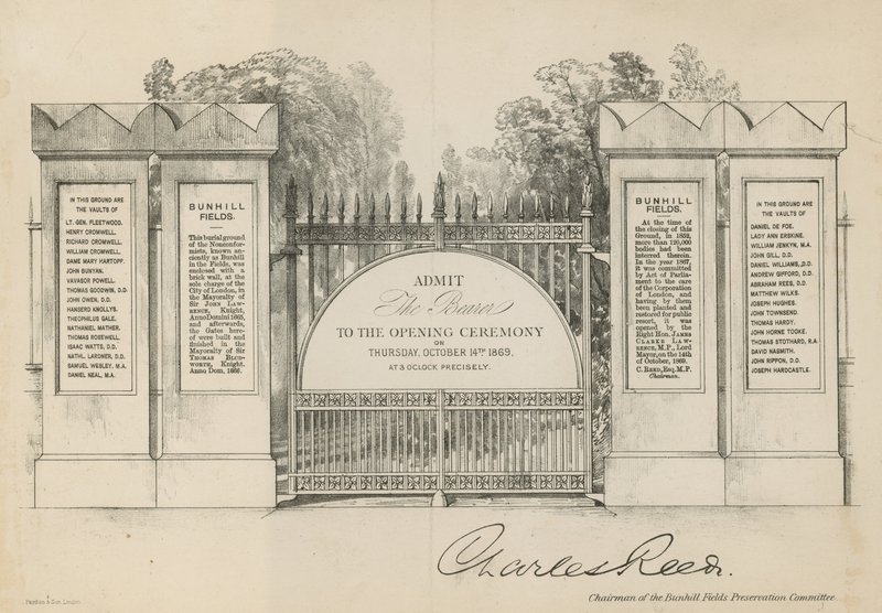 Uitnodiging voor de opening van Bunhill Fields Cemetery door English School