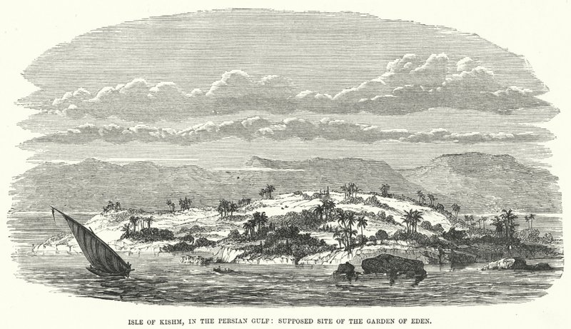 Eiland Kishm, in de Perzische Golf, veronderstelde locatie van de Hof van Eden (gravure) door English School