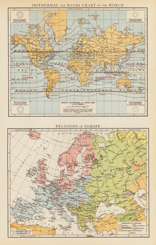Isothermische en windkaart van de wereld; Religies van Europa door English School