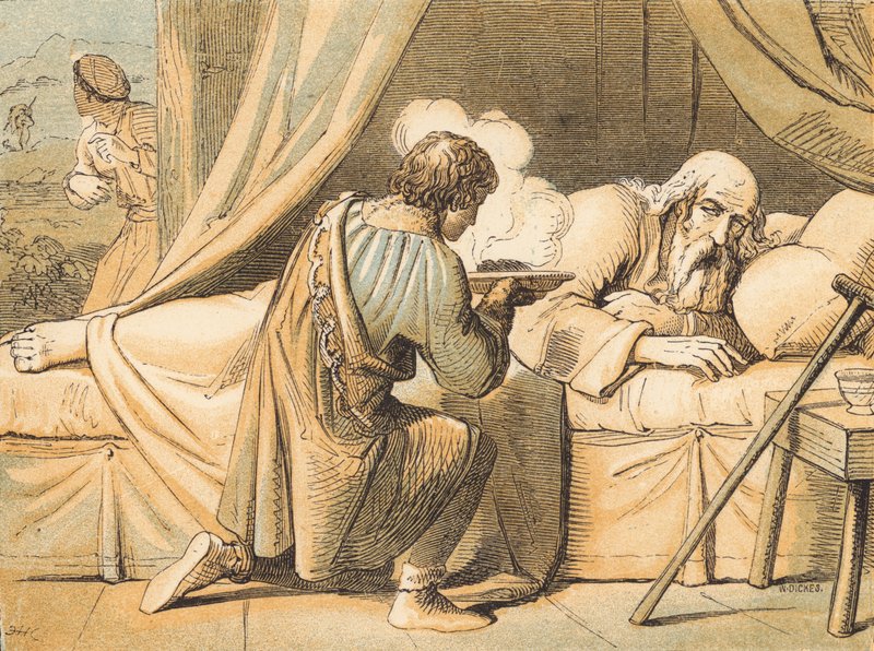 Jacob bedriegt zijn vader Isaac (gekleurde gravure) door English School