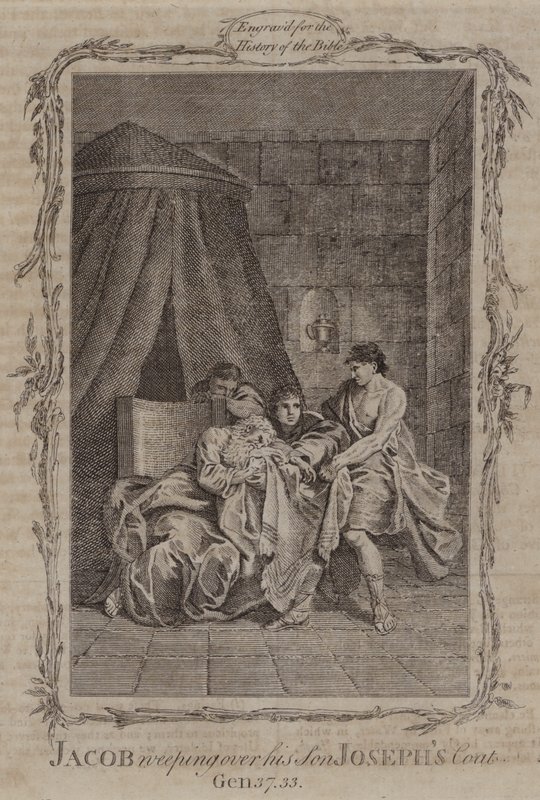 Jakob huilt over de jas van zijn zoon Jozef (gravure) door English School