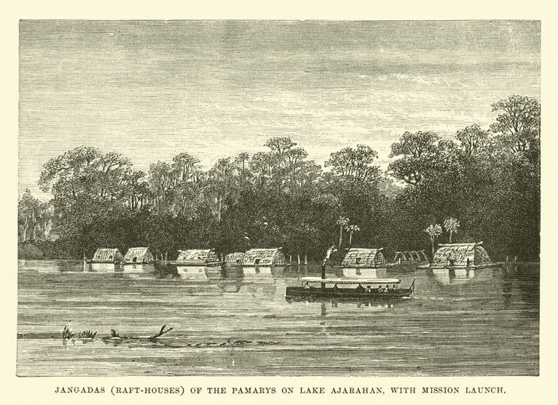 Jangadas (vlot-huizen) van de Pamarys op het Ajarahanmeer, met missieboot door English School