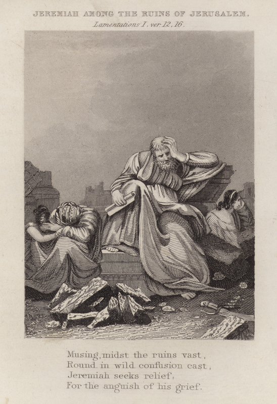 Jeremia tussen de ruïnes van Jeruzalem, Klaagliederen I, vers 12 door English School