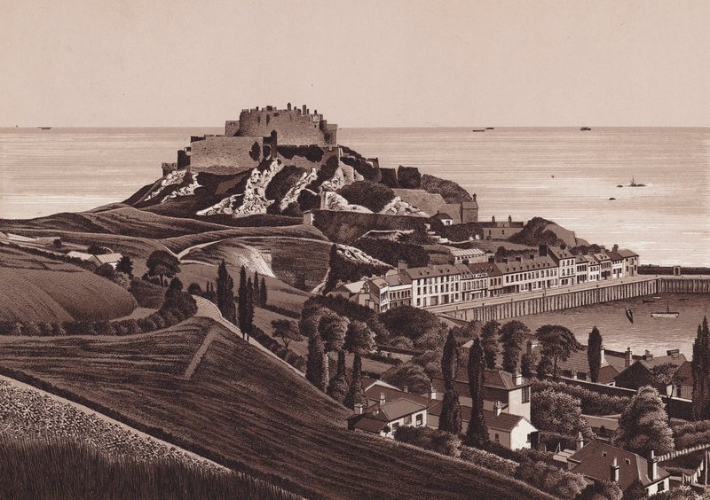 Jersey, Kanaaleilanden: Mount Orgueil Castle en Gorey Harbour door English School