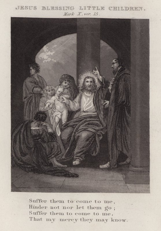 Jezus zegent kleine kinderen, Marcus X, vers 15 (gravure) door English School