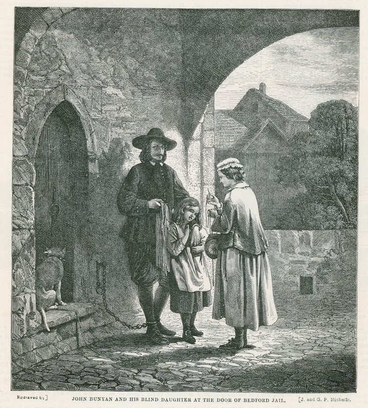 John Bunyan en zijn blinde dochter bij de deur van Bedford Jail door English School