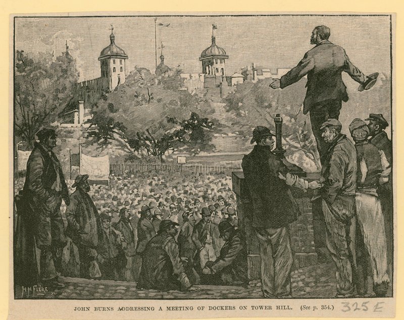 John Burns spreekt een bijeenkomst van dokwerkers toe op Tower Hill door English School