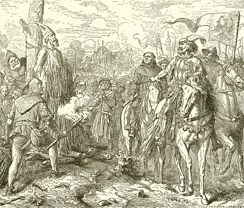 Jan Hus, op de brandstapel, opgeroepen om te herroepen door English School