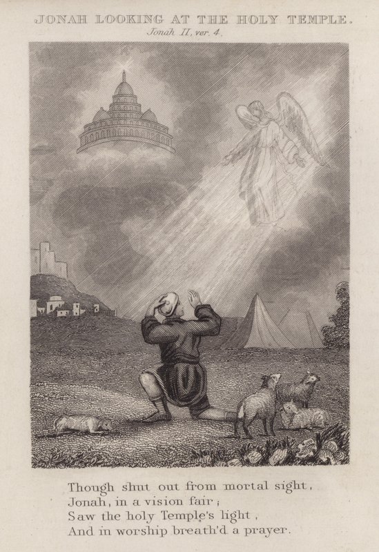 Jona kijkt naar de Heilige Tempel, Jona II, vers 4 (gravure) door English School