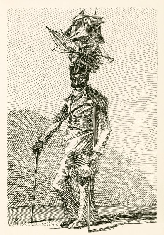 Joseph Johnson, een zwarte zeeman, met een model van het schip Nelson op zijn pet door English School