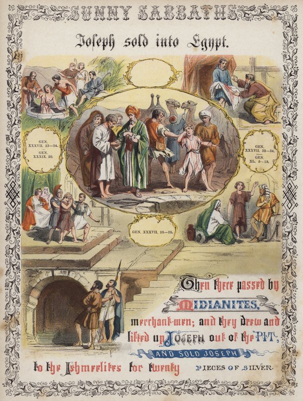 Jozef verkocht naar Egypte (gekleurde gravure) door English School
