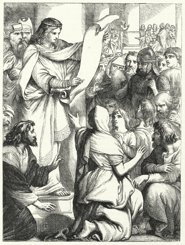 Josia, koning van Juda, leest de wet voor aan het volk (gravure) door English School