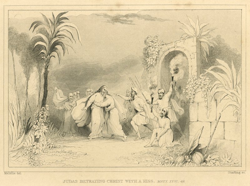 Judas verraadt Christus met een kus, Matteüs XXVI, 49 (gravure) door English School