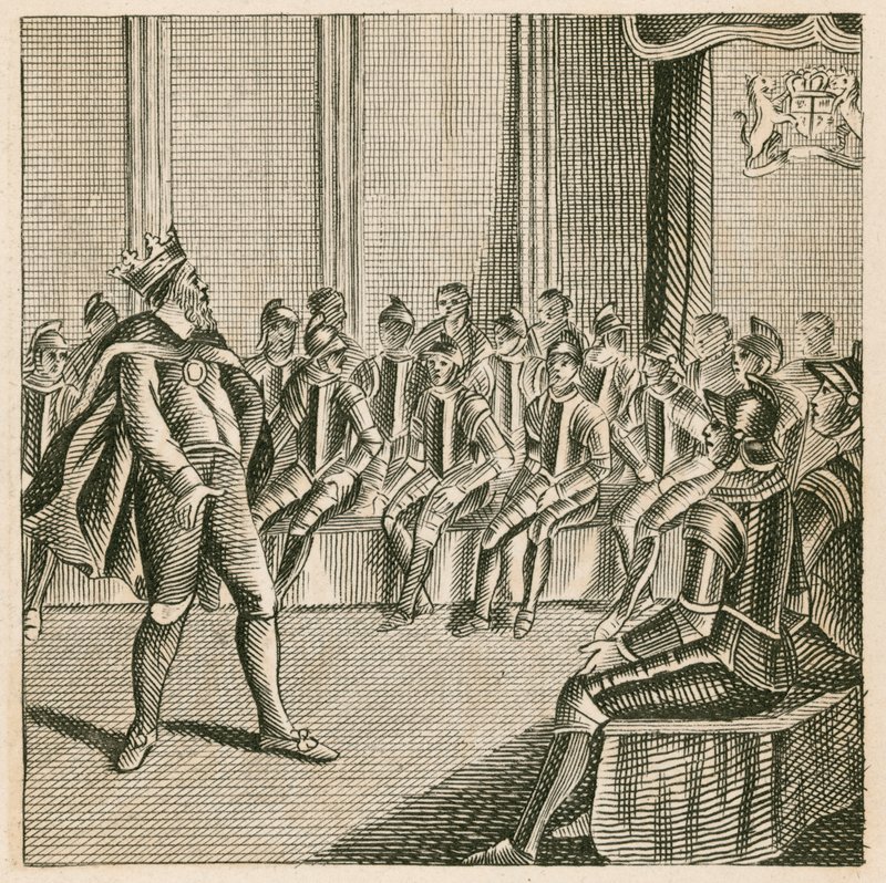 Koning Henry III betreedt het parlement en vindt de baronnen in harnas door English School