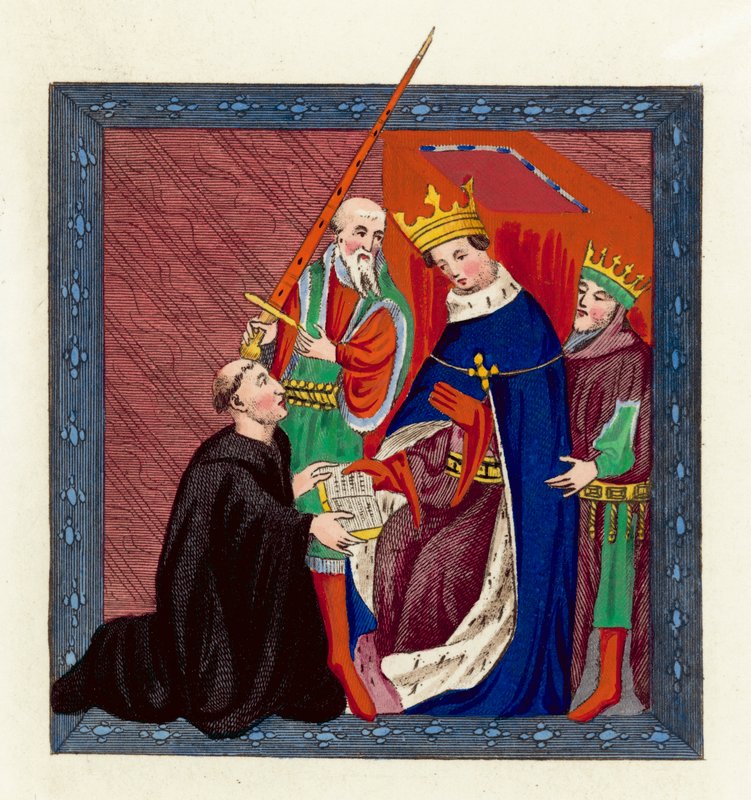 Koning Hendrik VI en John Lydgate door English School