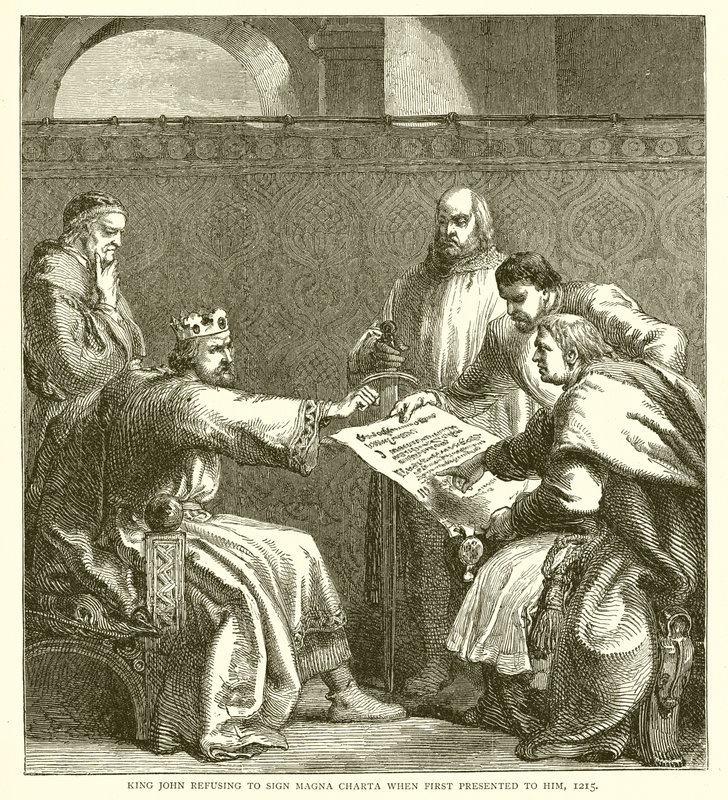 Koning Jan weigert de Magna Charta te ondertekenen toen deze hem voor het eerst werd gepresenteerd, 1215 door English School