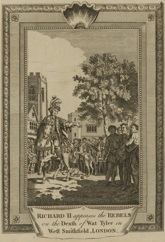 Koning Richard II sust de rebellen na de dood van Wat Tyler in West Smithfield, Londen door English School