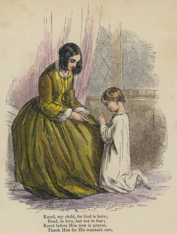 Kniel mijn kind, want God is hier; Buig, in liefde, maar niet in angst; Kniel nu voor Hem in gebed, Dank Hem voor Zijn constante zorg (gekleurde gravure) door English School