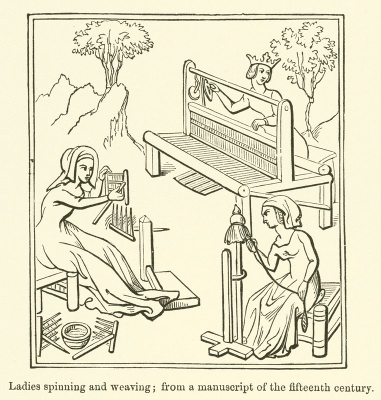 Dames spinnen en weven, uit een manuscript van de vijftiende eeuw door English School