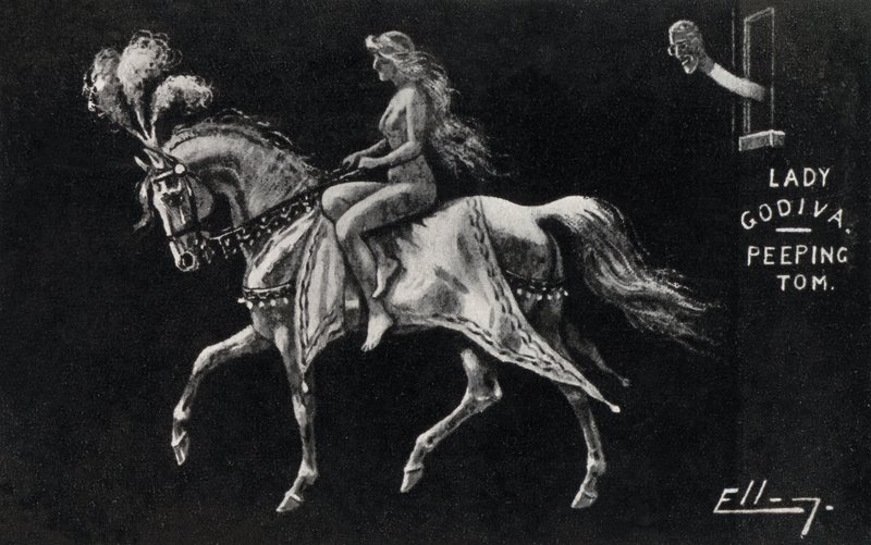 Lady Godiva die naakt te paard door de straten van Coventry rijdt, bekeken door een Gluurder door English School