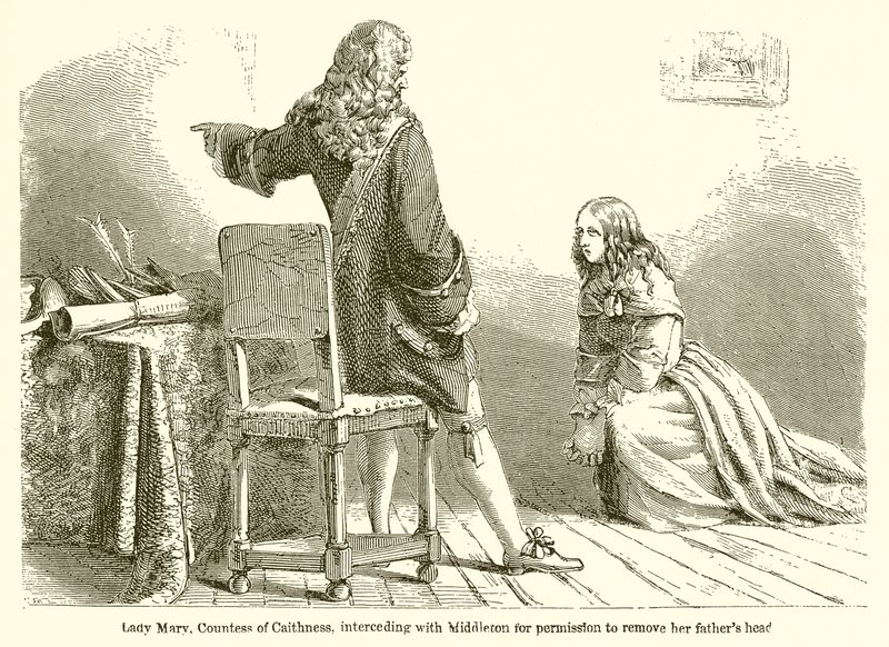 Lady Mary, gravin van Caithness, pleit bij Middleton om toestemming om het hoofd van haar vader te verwijderen door English School